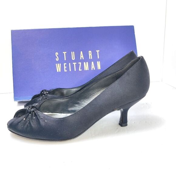Stuart weitzman Peep Toe 2" Heel Black Satin Gathered Bow Sparkle Stars Sz 6.5 M - Picture 3 of 16